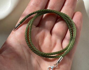 Olive Green Silk Cord Necklace: Sterling Silver Clasp, Water-Resistant