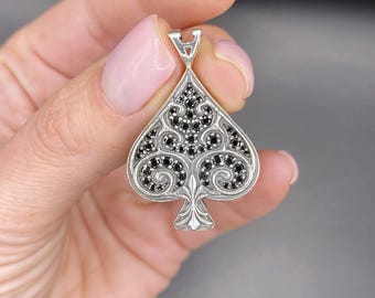 Oxidized Sterling Silver Ace of Spades Pendant with Black Zircon