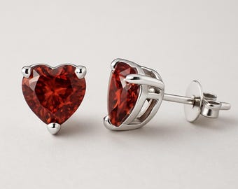 Garnet Heart Stud Earrings in 925 Sterling Silver • Dainty Red Heart Earrings • Minimalist January Birthstone Jewelry • Anniversary Gift •
