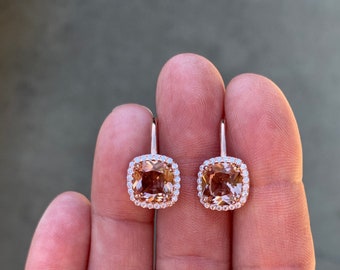 Morganite Earrings with Halo Design Rose Gold over 925 Sterling Silver, Pink Morganite Earrings Christmas Gift for Wife, Daughter,Girlfriend
