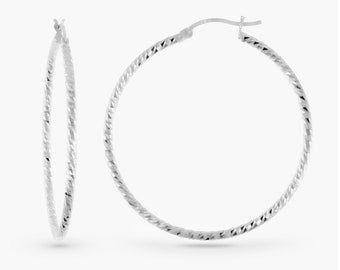 Mexican Hoops in Sterling Silver, Diamond Cut  Hoop Earrings, 5 Sizes: 1” to 2.5” diameter, Gift for Her