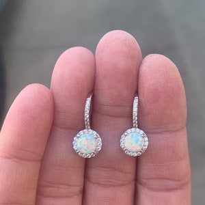 Halo Opal Earrings in Sterling Silver, Opal Dangle Earrings, Dainty Opal Earrings, Opal Jewelry, Bridesmaid Earrings, HarperSilver
