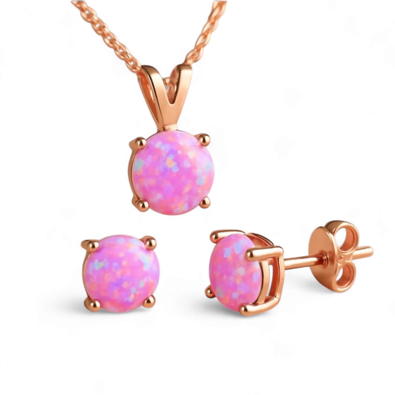Rose Gold Pink Opal Set Earrings Necklace, Birthday Gift for