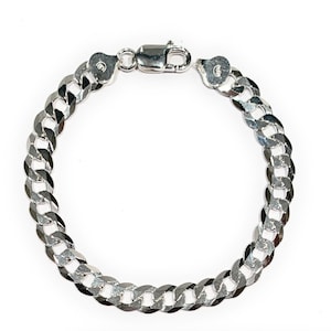 Sterling Silver Curb Bracelet, Flat Curb Chain, 7mm or 8mm, For Men and Women, Solid Links in 925 Sterling Silver, Italian Curb Bracelet