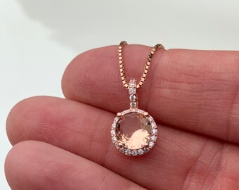 Halo Morganite Necklace Rose Gold Chain 