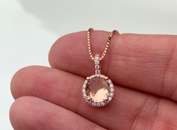 Halo Morganite Necklace Rose Gold Chain and Pendant With Pave CZ