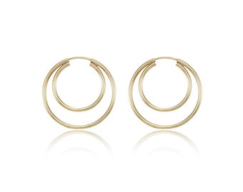 Double Hoop Earrings, Continuous Hoop Earrings, Thin Gold Hoop Earrings, Endless Hoop Earrings, Gold Filled Hoops, 2 Hoop Earrings Together