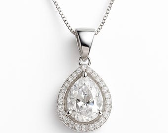 Pear Halo Necklace in Sterling Silver Setting, Bridal Necklace with Cubic Zirconia Pendant, Teardrop Shaped Jewelry, Sister Birthday Gift