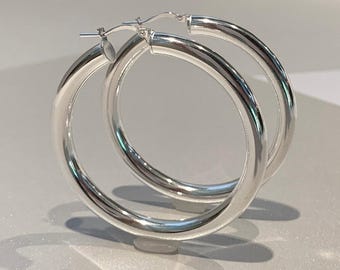 Wide Oversized Hoop Earrings - 925 Italian Sterling Silver - 2” diameter, 6mm Width Tube, Chunk Hoop Earrings