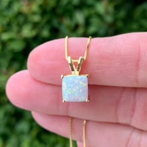 Square Opal Necklace Gold Over Sterling Silver - 16” 18” 20” 22”  Necklaces - Princess Cut Pendant- Bridesmaid Gifts