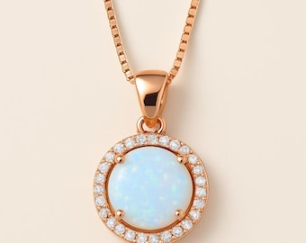 Rose Gold and Opal Necklace with Halo of Dainty Diamond-like Accent Stones • Bridesmaid Jewelry
