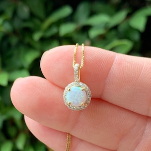 Dainty Round Opal Pendant Necklace with Gold Halo Setting 14” 16” 18” 20” 22” Chain Lengths. Birthday Gift for Ladies, Bridesmaid Jewelry