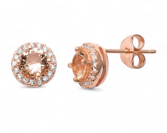 Morganite Earrings Morganite Necklace Set, Rose Gold Halo Setting, Birthday Gift Bridesmaid Jewelry
