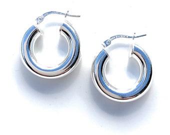 Sterling Silver Thick Hoop Earrings - 5mm Tube - Chunky Hoops - Small Thick Silver Hoop Earring, Options: 3/4”, 1”, 1 1/4 Inch