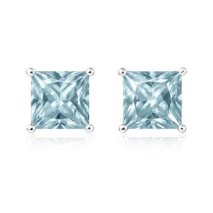 Aquamarine Princess Cut Stud Earrings • March Birthstone Gifts • Aquamarine Birthday Present for Mom • Aquamarine Square Solitaire Studs