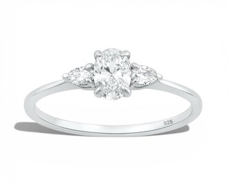 Oval Lab Grown Diamond Three Stone Ring, Sterling Silver Engagement Promise Ring