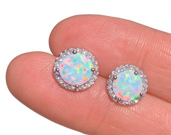 Halo Opal Earrings in Sterling Silver, Simple Minimalist Stud Earring for Friend Holiday Gift, Present for Daughter, Bridesmaid Gifts