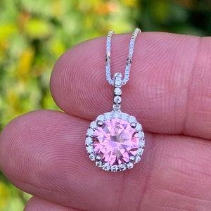 Pink Topaz Halo Necklace in Sterling Silver, Pink Crystal and CZ Stones, Pink Necklace, Birthday Gift