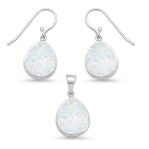 Fire white opal jewelry set with dangle earrings and matching pendant necklace. Real Sterling Silver setting and chain. Teardrop shaped. Perfect gift for Mother’s Day. The lab opal earrings have a sterling silver French wire.
