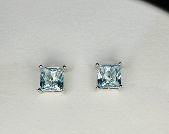 Princess Cut Aquamarine Stud Earrings • March Birthstone Jewelry Gift • Aquamarine Birthday Present • Aquamarine Square Solitaire Studs