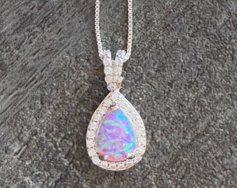 FROSTROX 925 Sterling Silver Opal & Diamond Pendant Necklace - 6x4mm Oval Opal With Halo, 16" Chain, Gift Box