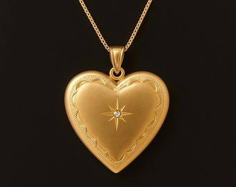 Gold Heart Locket Necklace with Diamond-like Accent | 1 Inch Photo Locket Crafted in 14k Gold over Brass | Etched Victorian Gift Jewelry