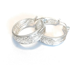 Sterling Silver Earrings - Chunky Hoops - Filigree Hoop Earrings - Statement Earrings - Wide Hoops - Silver Hoop Earrings - Mexican Filigree