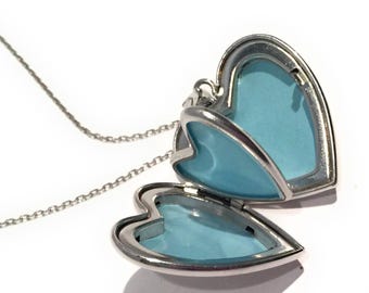4 Photo Locket Necklace in 925 Sterling Silver - Heart Shaped - 3 Styles: Diamond, Etched Scroll, Smooth and Shiny, Ladies Jewelry Gift