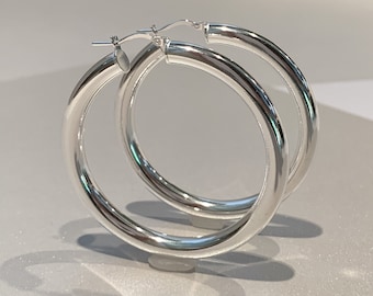 Wide Oversized Hoop Earrings - 925 Italian Sterling Silver - 2” diameter, 6mm Width Tube, Chunk Hoop Earrings