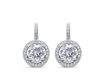 CZ Halo Earrings~925 Sterling Silver~Dangle Halo Earrings with Leverback~Wedding Jewelry~Cubic Zirconia Earrings~Gift for Her~Earrings