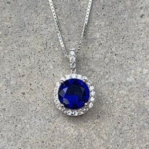 Blue Sapphire Necklace Silver Halo, Bridesmaid Jewelry, September Birthstone Gift