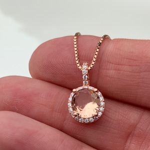 Halo Morganite Necklace, Rose Gold Chain and Pendant with Pave CZ Stones Around Morganite Stone, Wedding Bridal Jewelry, Bridesmaid Gift