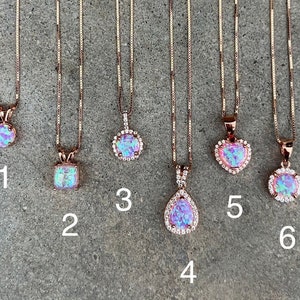 Collar de ópalo rosa en oro rosa sobre plata de ley en 6 estilos y 4 longitudes de cadena, colgantes de ópalo simulado