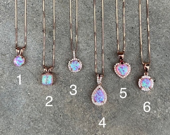 Pink Opal Necklace in Rose Gold over Sterling Silver in 6 Styles & 4 Chain Lengths, Simulated Opal Pendants