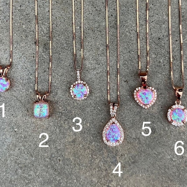 Rosa Opal Halskette in Rosegold über Sterling Silber in 6 Styles & 4 Kettenlängen, Simierter Opal Anhänger