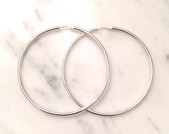 Sterling Silver Hoop Earrings in 50MM, Italian Minimalist Thin Shiny Lightweight Silver Hoops in 50MM and 60MM Width Sizes, Jewelry Gift