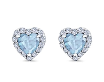 Aquamarine Heart Earrings • Halo Studs  • March Birthstone Gift • Aquamarine Stud Earrings