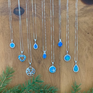 Blue Opal Necklace for Women in Variety of Shapes and Halos including Round, Heart, Princess Cut Square, Pear & Tree of Life, Birthday Gift