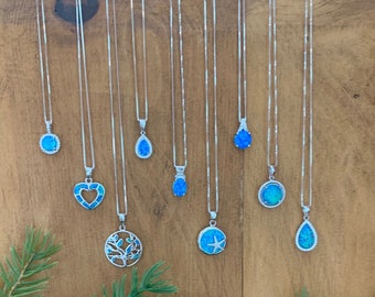 Blue Opal Necklace for Women in Variety of Shapes and Halos including Round, Heart, Princess Cut Square, Pear & Tree of Life, Birthday Gift