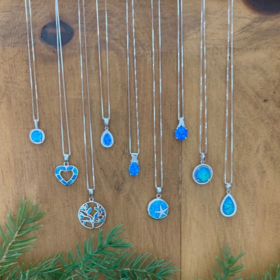Blue Opal Necklace for Women in Variety of Shapes and Halos including Round, Heart, Princess Cut Square, Pear & Tree of Life, Birthday Gift