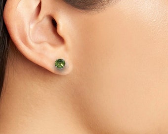 Minimalist Peridot Stud Earrings Round Sterling Silver August Birthstone Jewelry Present For Women Birthday Gift Studs