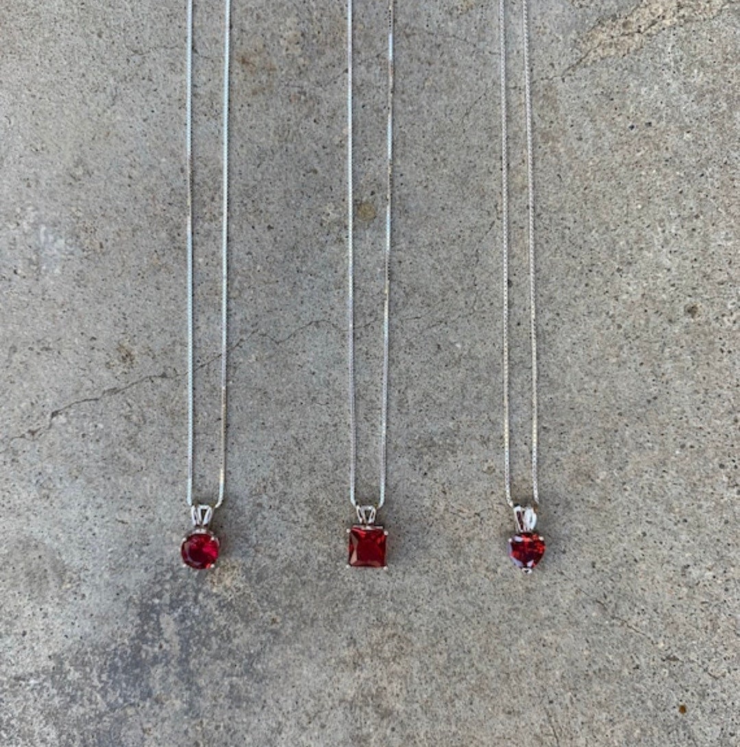 Ruby Necklace Crystal Sterling Silver 3 Shapes Round Square