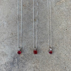 Ruby Necklace Crystal Sterling Silver 3 Shapes Round Square or Heart in 14” 16” 18” 20” 22” June Birthstone Necklace Birthday Gift