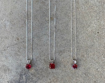 Ruby Necklace Crystal Sterling Silver 3 Shapes Round Square or Heart in 14” 16” 18” 20” 22” June Birthstone Necklace Birthday Gift