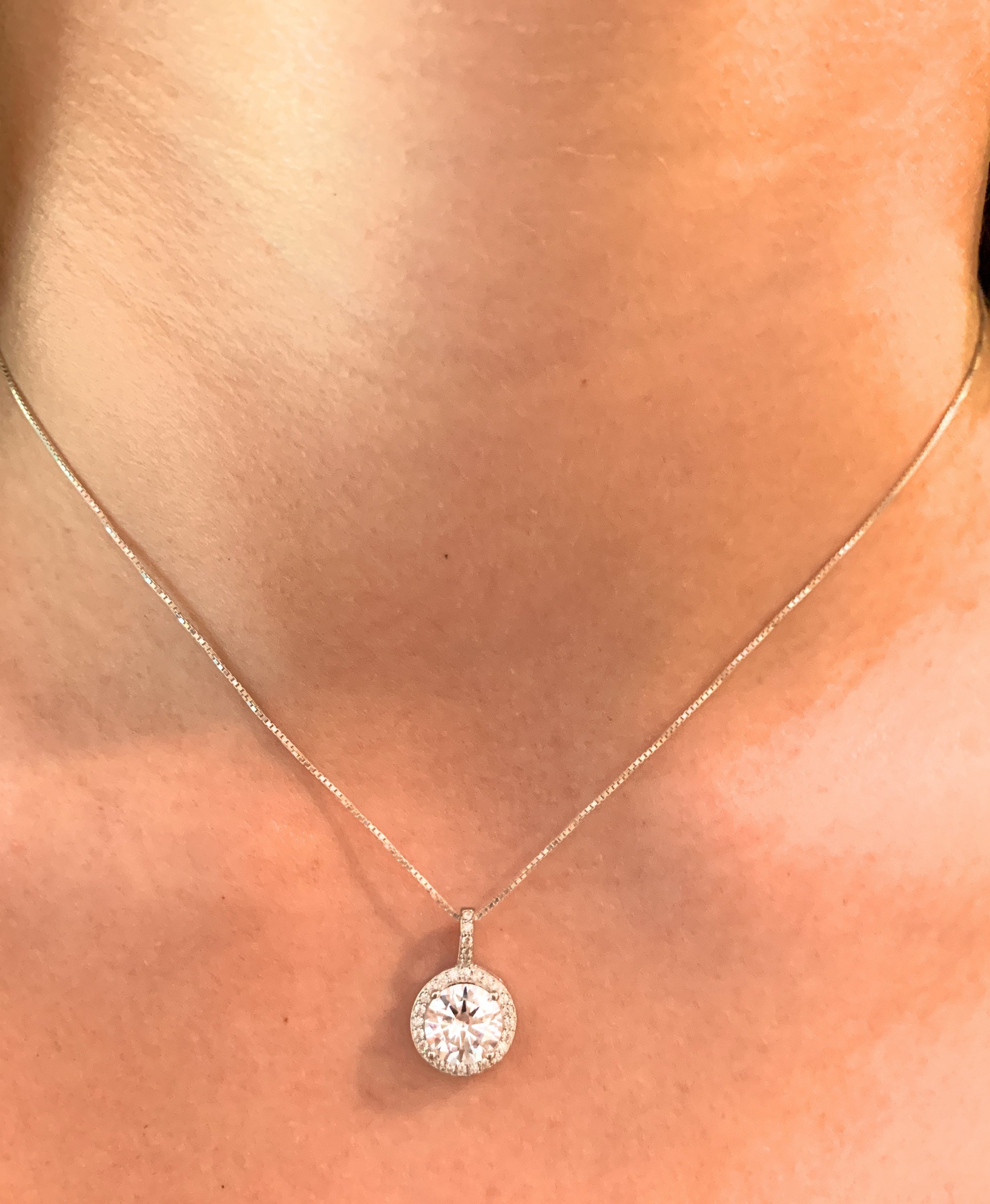 Halo Necklace in Sterling Silver Setting and Chain Cubic Etsy