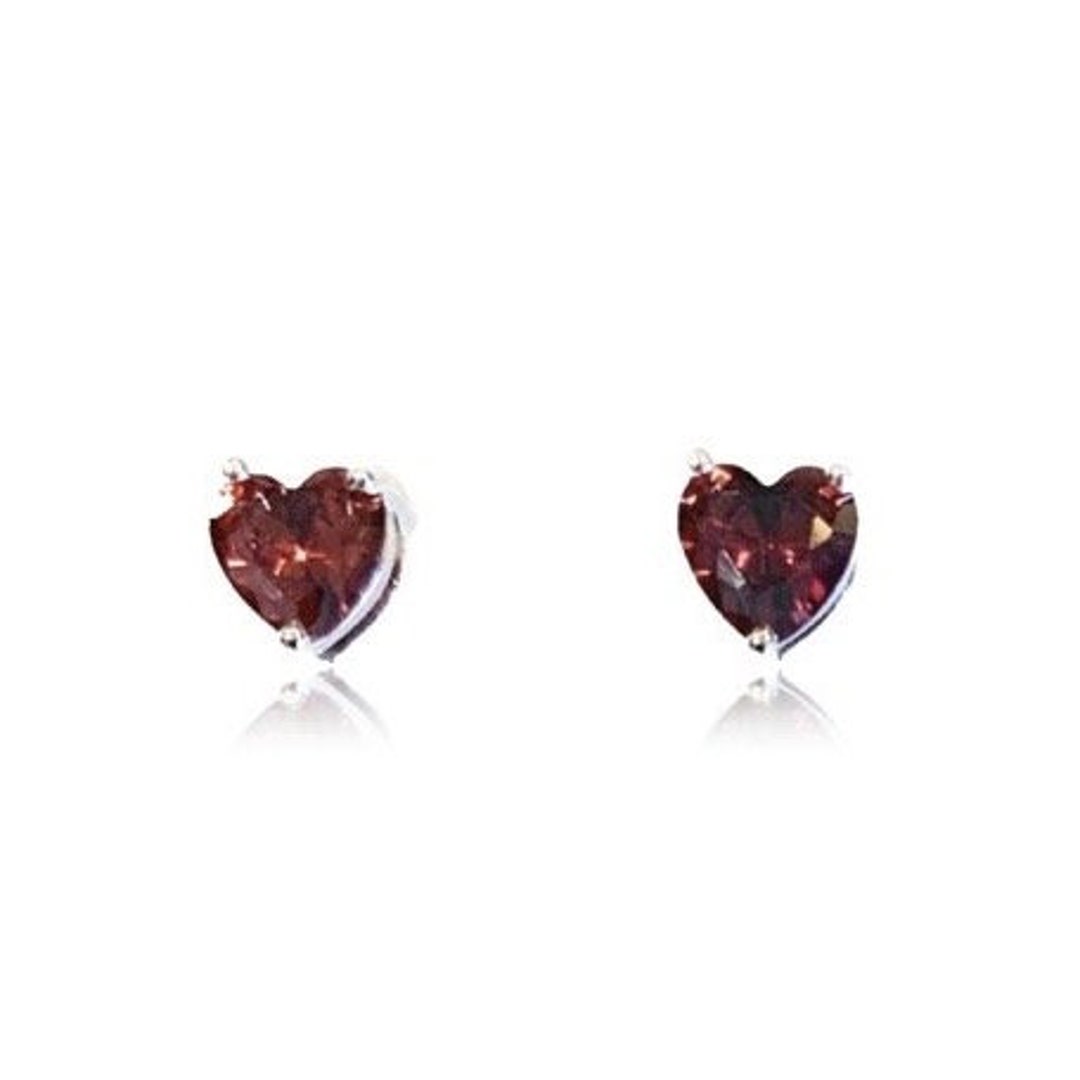 Garnet Heart Stud Earrings in 925 Sterling Silver Dainty Red Heart ...