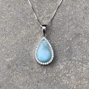 Natural Larimar Necklace, Sterling Silver Necklaces for Women,  14”, 16”, 18”, 20”, 22”,  Pear Halo Larimar Pendant, Christmas Gift for Mom