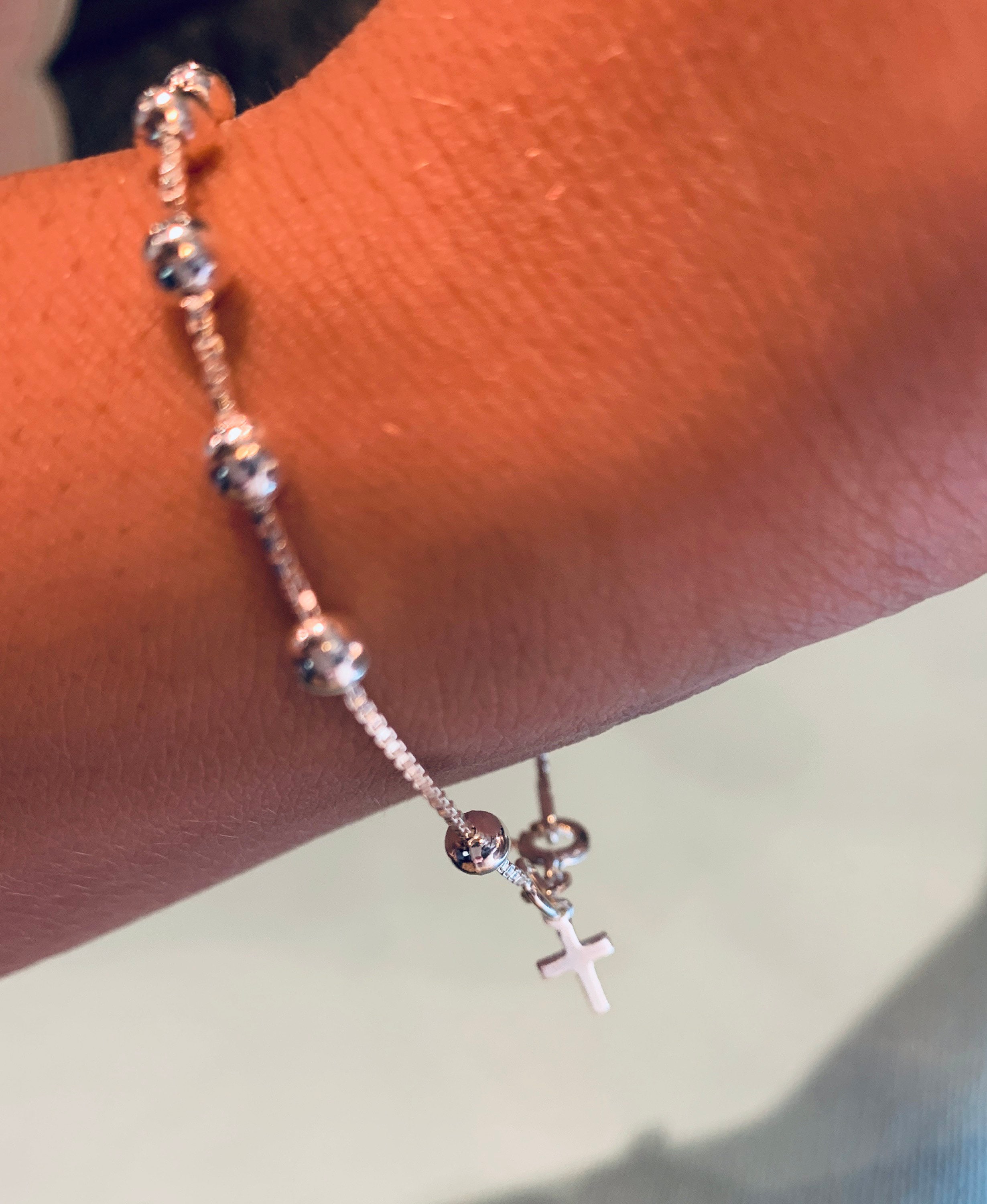 Cross Bracelet- 925 Sterling Silver Beads on Dainty Chain