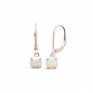 Rose Gold Opal Leverback Earrings with Round Charm Gift for Friend Birthday Wife Anniversary Daughter Christmas