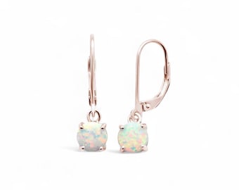 Rose Gold Opal Leverback Earrings with Round Charm Gift for Friend Birthday Wife Anniversary Daughter Christmas